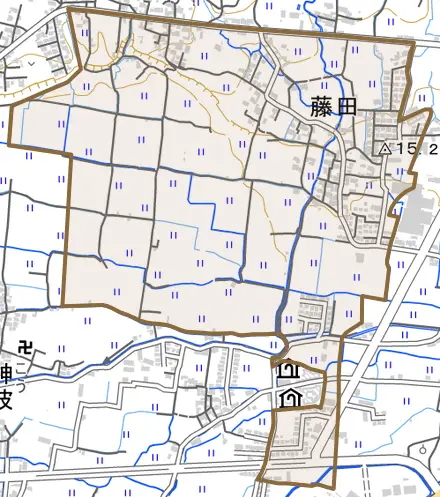 藤田とその周辺の地図。町の範囲を重ねている