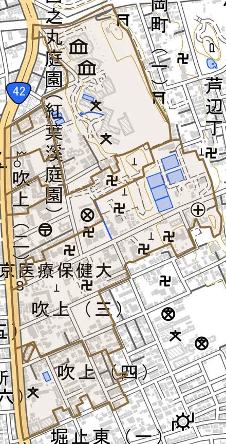 吹上とその周辺の地図。町の範囲を重ねている