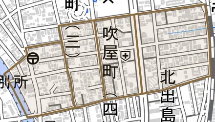 吹屋町とその周辺の地図。町の範囲を重ねている