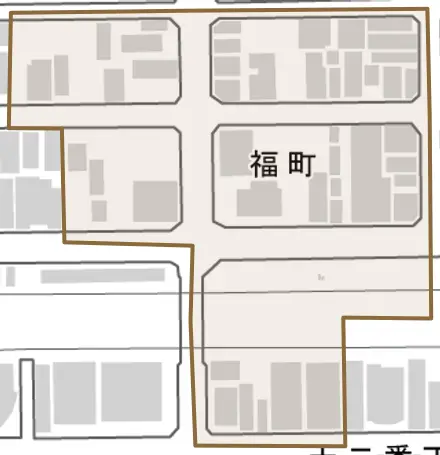 福町とその周辺の地図。町の範囲を重ねている