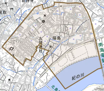 福島とその周辺の地図。町の範囲を重ねている