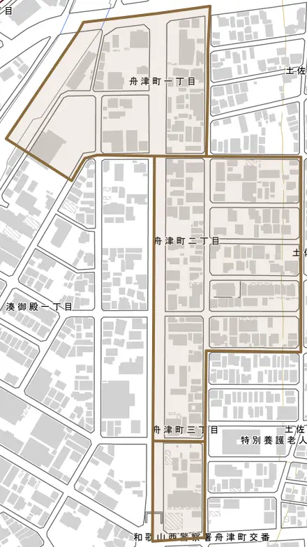 舟津町とその周辺の地図。町の範囲を重ねている