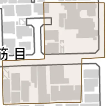 二筋目とその周辺の地図。町の範囲を重ねている