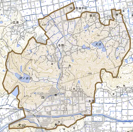冬野とその周辺の地図。町の範囲を重ねている