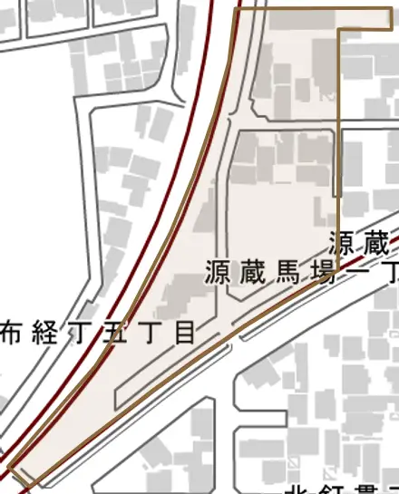 源蔵馬場とその周辺の地図。町の範囲を重ねている