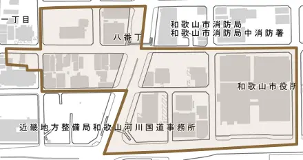 八番丁とその周辺の地図。町の範囲を重ねている