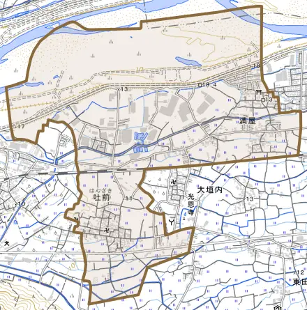 吐前とその周辺の地図。町の範囲を重ねている