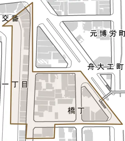 橋丁とその周辺の地図。町の範囲を重ねている
