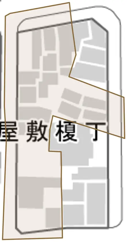 畑屋敷榎丁とその周辺の地図。町の範囲を重ねている