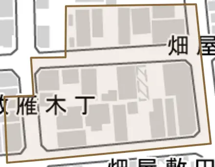 畑屋敷袋町とその周辺の地図。町の範囲を重ねている