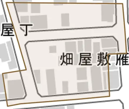 畑屋敷雁木丁とその周辺の地図。町の範囲を重ねている