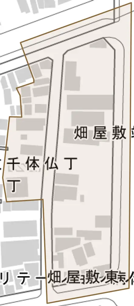 畑屋敷端ノ丁とその周辺の地図。町の範囲を重ねている