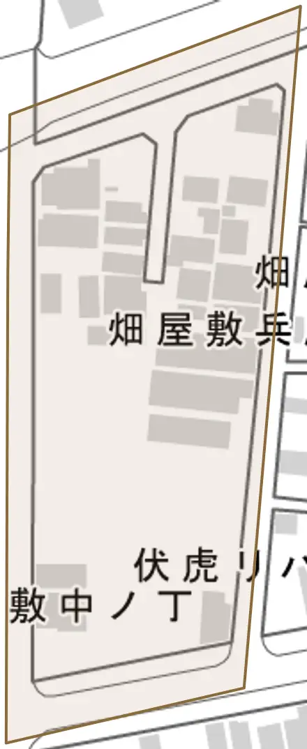 畑屋敷兵庫ノ丁とその周辺の地図。町の範囲を重ねている