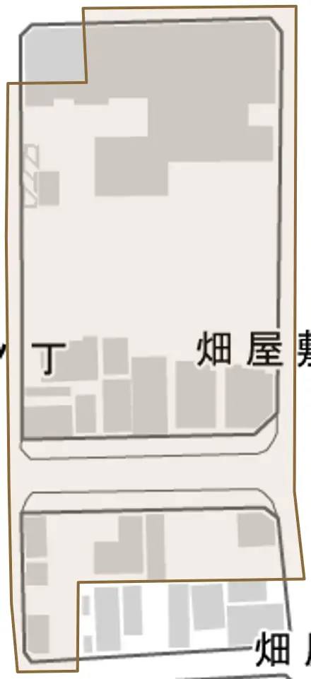 畑屋敷中ノ丁とその周辺の地図。町の範囲を重ねている