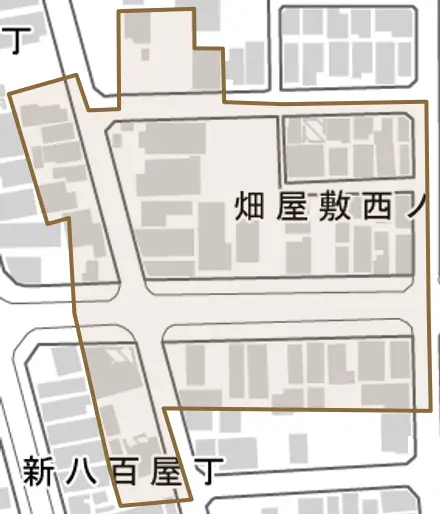 畑屋敷西ノ丁とその周辺の地図。町の範囲を重ねている
