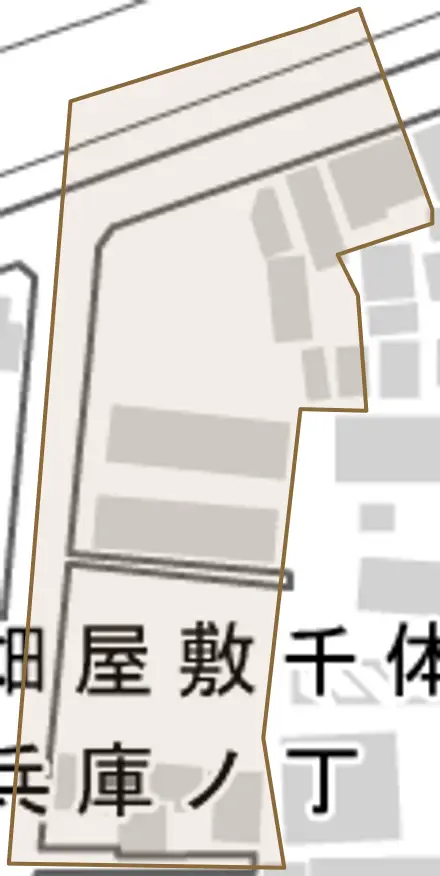畑屋敷千体仏丁とその周辺の地図。町の範囲を重ねている