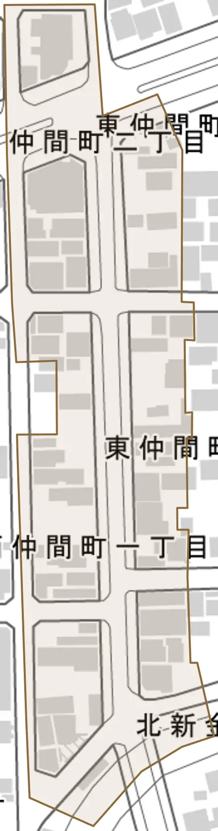東仲間町とその周辺の地図。町の範囲を重ねている