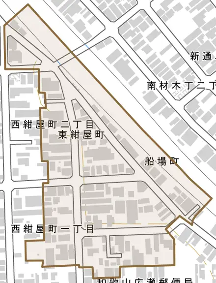 東紺屋町とその周辺の地図。町の範囲を重ねている