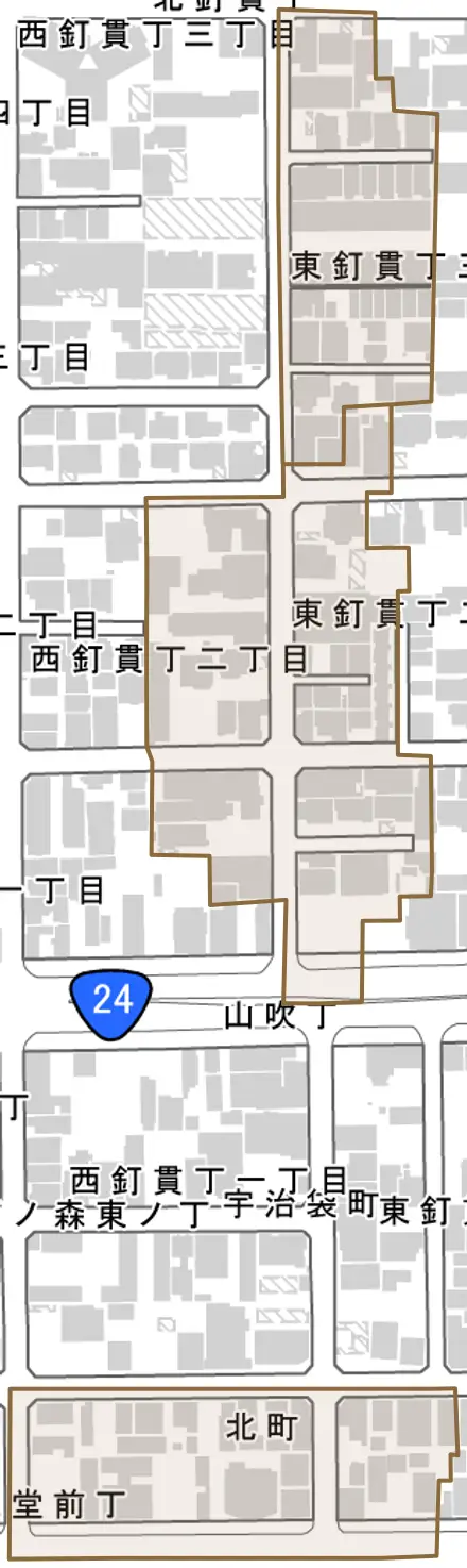 東釘貫丁とその周辺の地図。町の範囲を重ねている