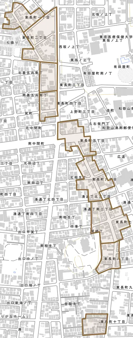 東長町とその周辺の地図。町の範囲を重ねている