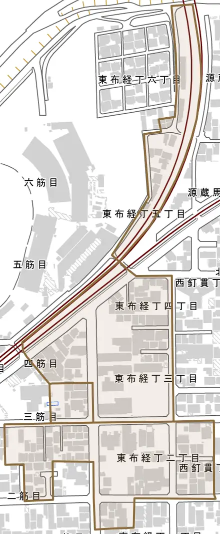 東布経丁とその周辺の地図。町の範囲を重ねている