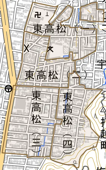 東高松とその周辺の地図。町の範囲を重ねている