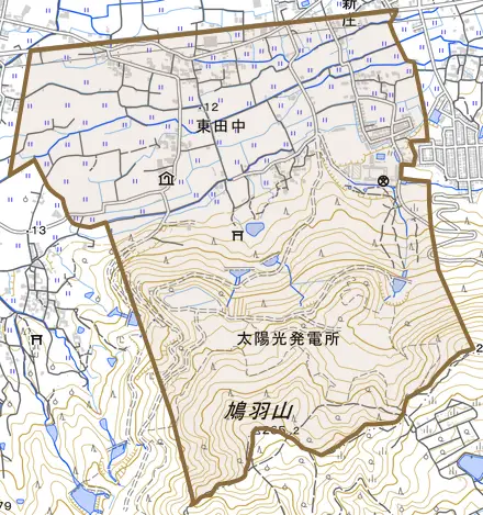 東田中とその周辺の地図。町の範囲を重ねている