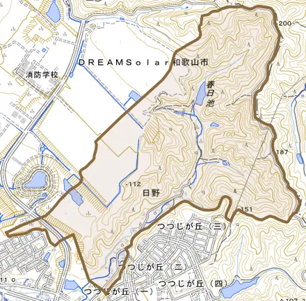 日野とその周辺の地図。町の範囲を重ねている