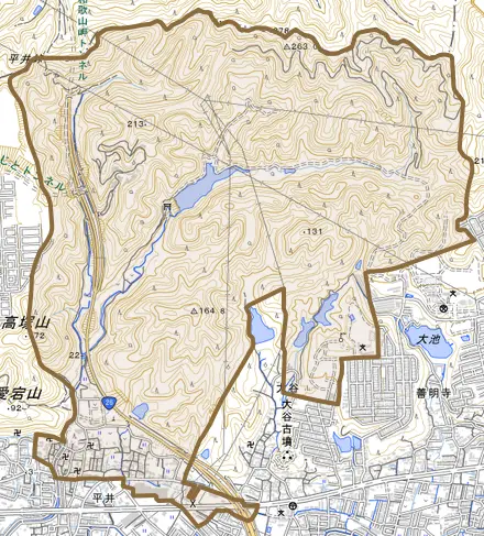 平井とその周辺の地図。町の範囲を重ねている