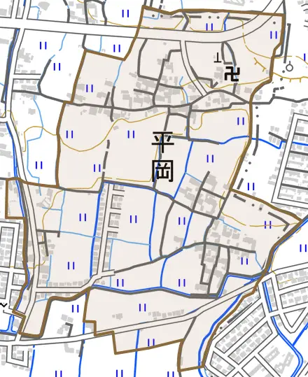平岡とその周辺の地図。町の範囲を重ねている