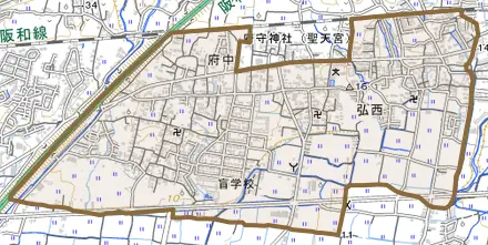 弘西とその周辺の地図。町の範囲を重ねている