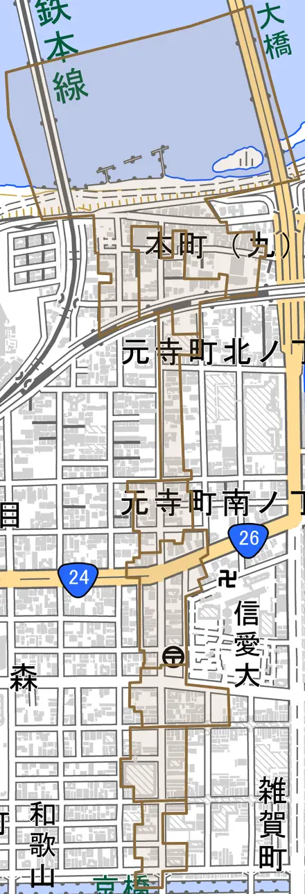 本町とその周辺の地図。町の範囲を重ねている