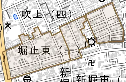 堀止東とその周辺の地図。町の範囲を重ねている