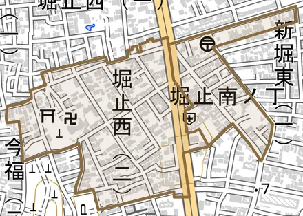 堀止南ノ丁とその周辺の地図。町の範囲を重ねている