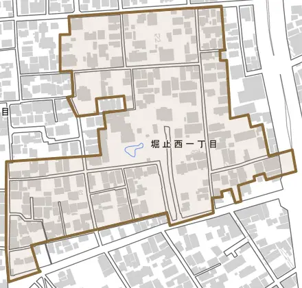 堀止西とその周辺の地図。町の範囲を重ねている