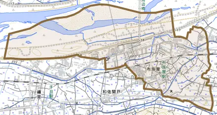 布施屋とその周辺の地図。町の範囲を重ねている