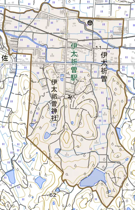 伊太祈曽とその周辺の地図。町の範囲を重ねている