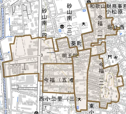 今福とその周辺の地図。町の範囲を重ねている