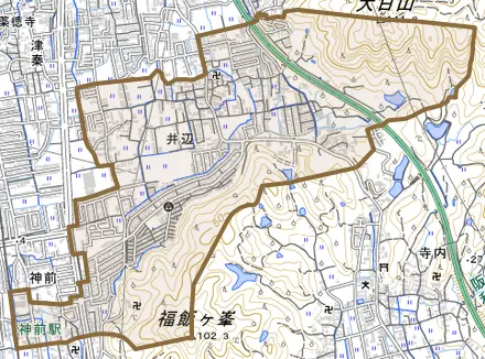 井辺とその周辺の地図。町の範囲を重ねている