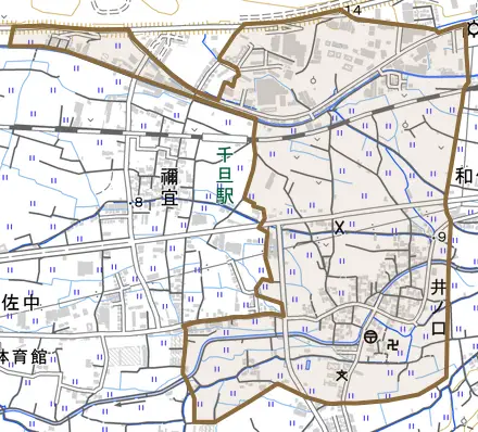 井ノ口とその周辺の地図。町の範囲を重ねている