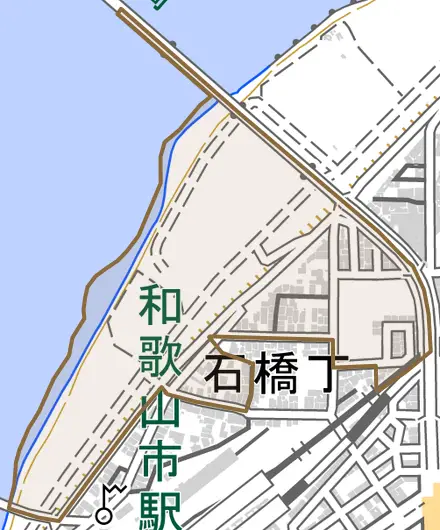 石橋丁とその周辺の地図。町の範囲を重ねている