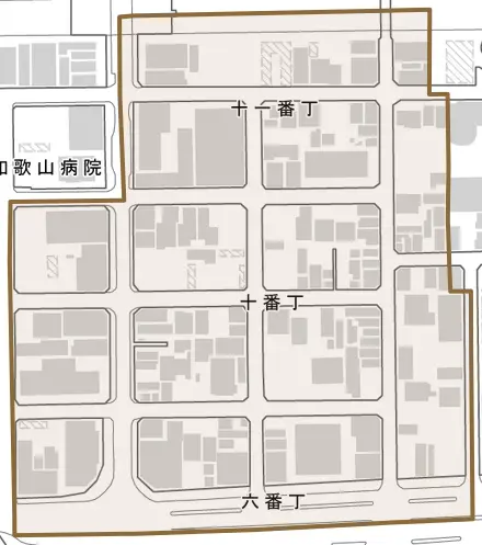 十番丁とその周辺の地図。町の範囲を重ねている