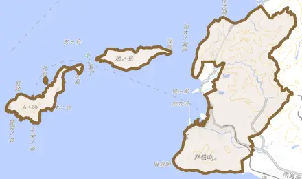 加太とその周辺の地図。町の範囲を重ねている
