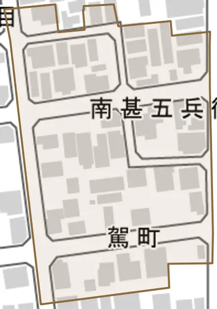 駕町とその周辺の地図。町の範囲を重ねている