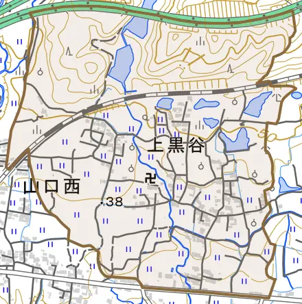 上黒谷とその周辺の地図。町の範囲を重ねている