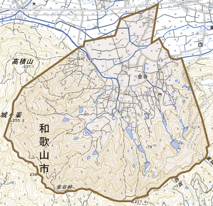 金谷とその周辺の地図。町の範囲を重ねている