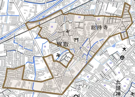 梶取とその周辺の地図。町の範囲を重ねている