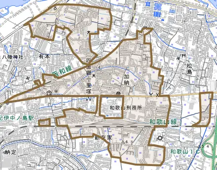 加納とその周辺の地図。町の範囲を重ねている