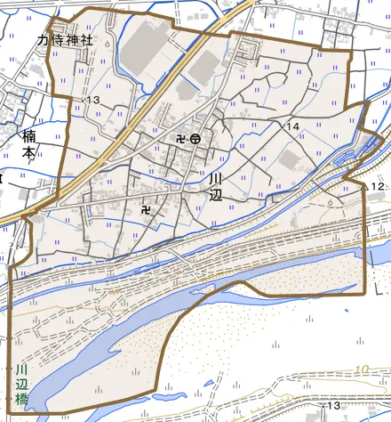 川辺とその周辺の地図。町の範囲を重ねている