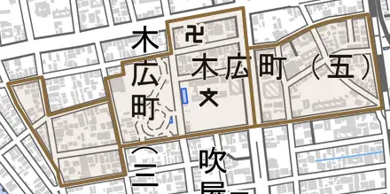 木広町とその周辺の地図。町の範囲を重ねている